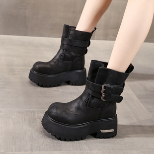 9CM内增高马丁靴女2025秋冬新款 加绒休闲短靴 英伦风厚底松糕爆款