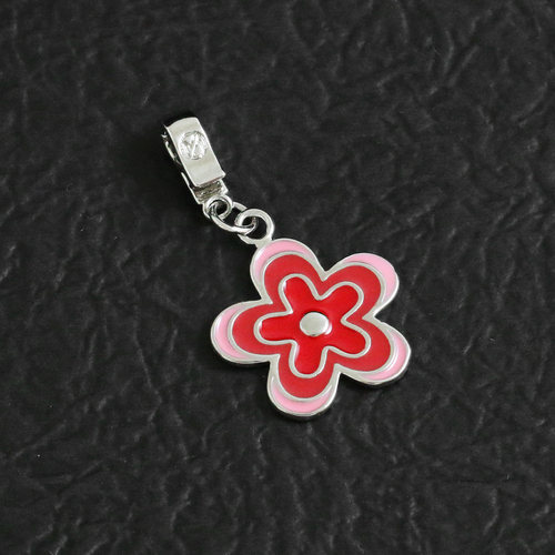 925纯银粉色珐琅花朵万能扣吊坠