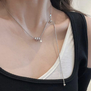 925纯银圆珠爱心抽拉式 缎带星星吊坠项链女高级感轻奢小众45cm