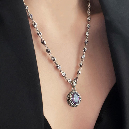 925银复古玫瑰花项链女毛衣链