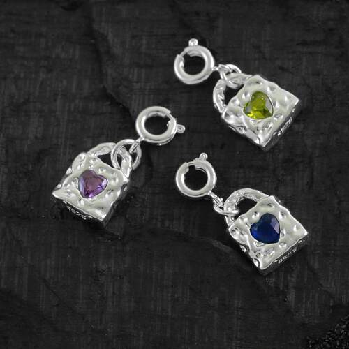 925纯银爱心锆石锁头弹簧扣吊坠