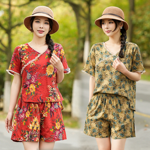 中年妈妈夏装女士短袖t恤短裤套装时尚休闲牡丹花民族风两件套潮