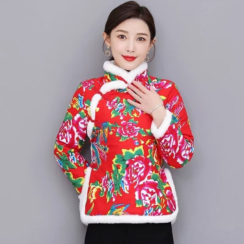 新款加绒加厚东北大花棉袄女冬装棉衣妈妈装民族风盘扣唐装女外套