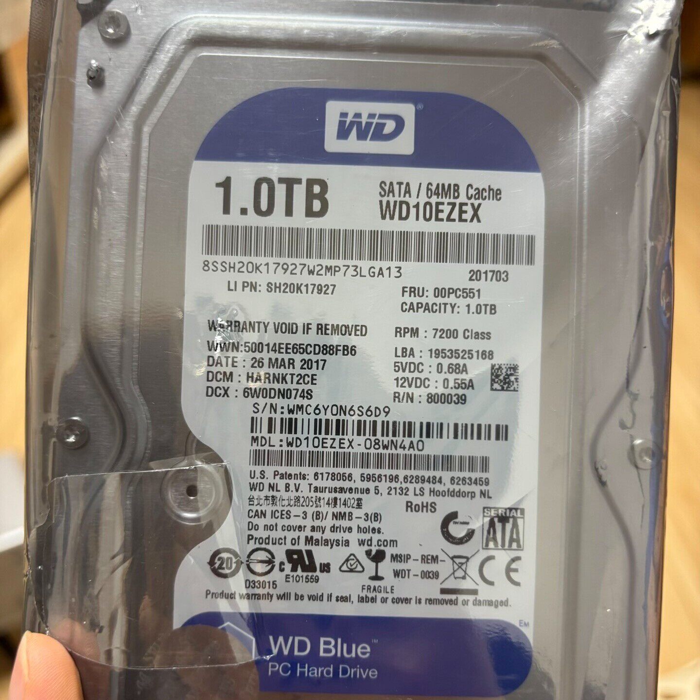 WD/西部数据 WD10EZEX 1T 台式机机械硬盘7200转西数1TB 单碟蓝盘