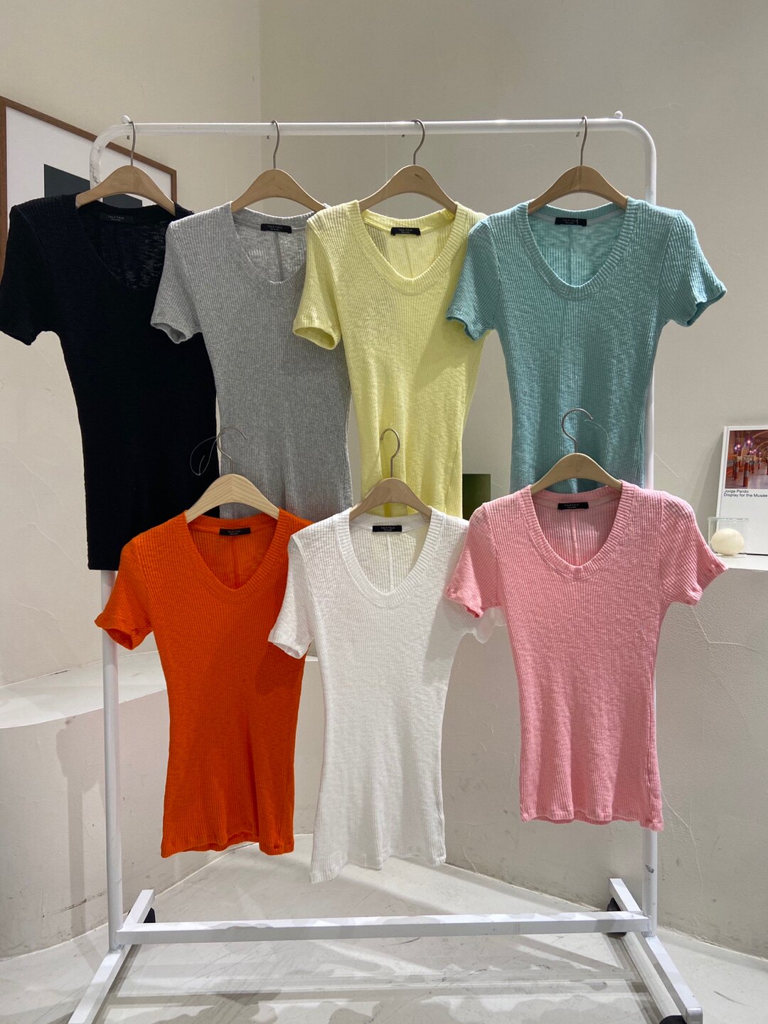 现货talk talk韩国东大门女装夏季u型领背缝线短袖打底衫t恤