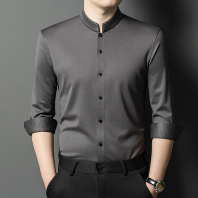立领纯色长袖衬衫男款2025秋新款中青年宽松含羊毛长袖衬衣外套