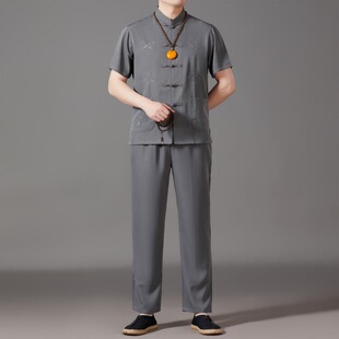 亞麻套裝 中式 唐裝 復(fù)古棉麻禪修服爺爺裝 中年長(zhǎng)袖 2024夏中國(guó)風(fēng)男裝