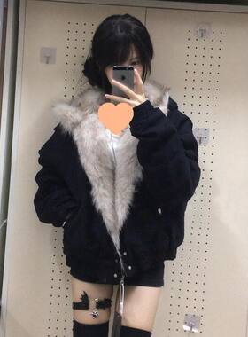 国潮座山雕毛绒连帽棉服女冬季2025年新款美式设计感加厚棉衣外套