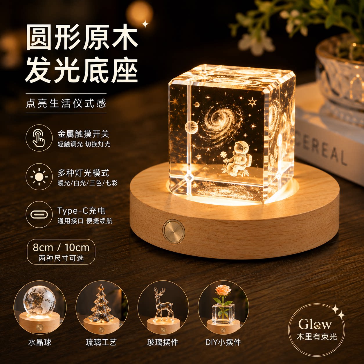 圆形木质水晶球LED小夜灯底座图片