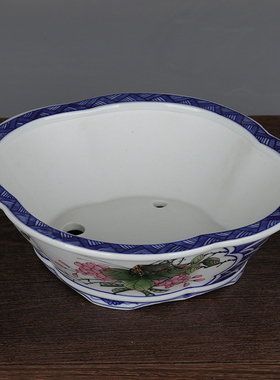 日式青花粉彩花鸟海棠异型花盆