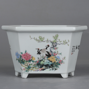复古怀旧风粉彩松鹤迎春花鸟纹六方中号陶瓷花盆菖蒲多肉文竹瓷盆