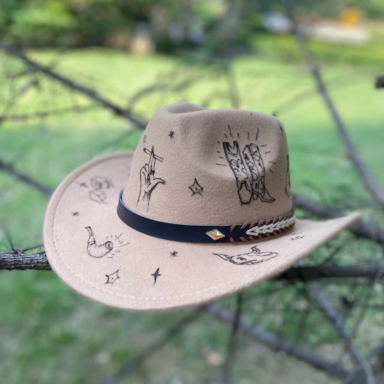 欧美手绘西部牛仔帽毛呢大檐帽男女骑马户外帽