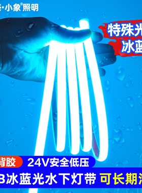 24V水下COB硅胶灯带冰蓝色led柔性软灯带防水浅蓝光电竞霓鱼缸灯