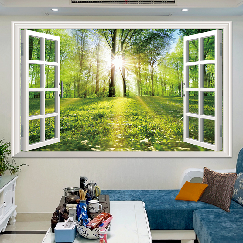 3d立体墙贴纸壁画自粘风景画客厅卧室背景墙面遮丑装饰假窗户挂画图片