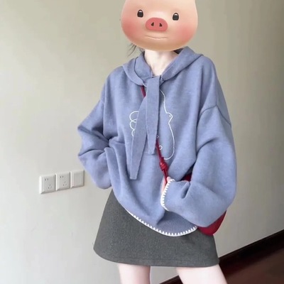 DFJ-STUDlO 秋季新款韩系蓝色复古飞鸟贝壳绣系带连帽毛衣上衣JL