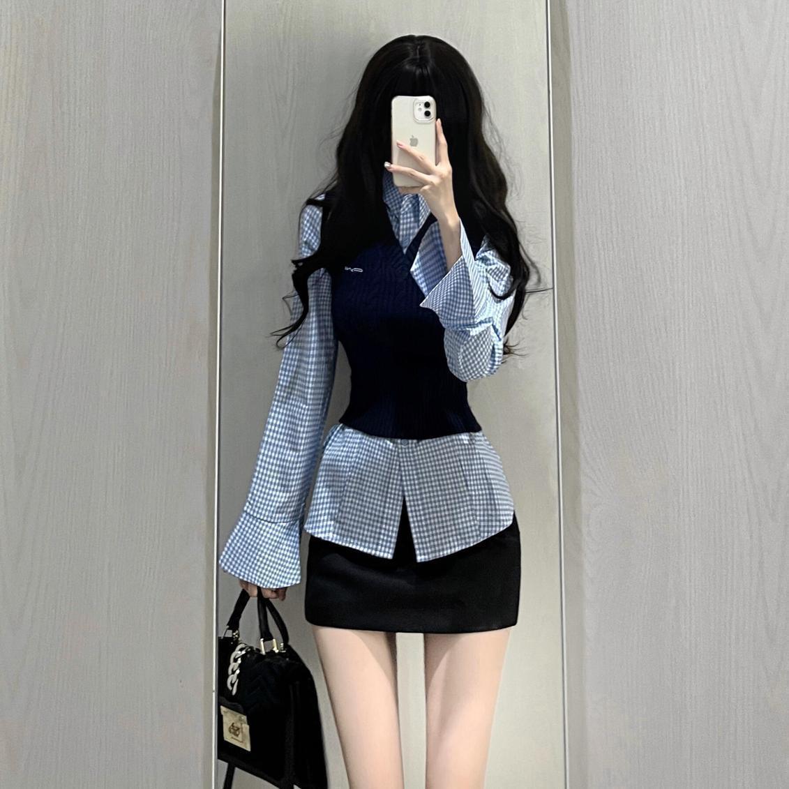 韩系穿搭一整套复古短款v领针织马甲背心女蓝色格纹衬衫半身裙潮