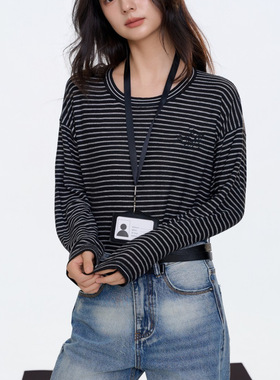 Aimme sparrow 25秋冬字母刺绣条纹打底时尚潮流百搭女上衣修身