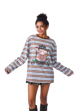 Andrea Martin25秋冬新品红色条纹印花T恤时尚潮流百搭女上衣宽松