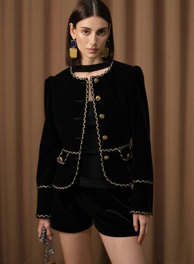 DIANA VEVINA 24秋冬复古丝绒金边织带收腰外套时尚优雅气质上衣