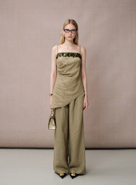 DIANA VEVINA 25春夏绿色麻棉吊带 绿色麻棉长裤时尚通勤百搭休闲