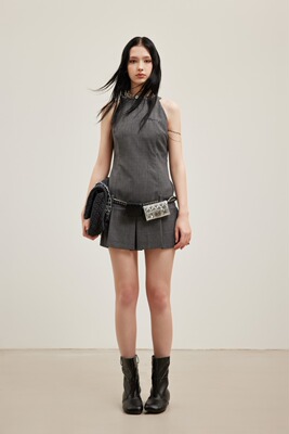 JAC FLEURANT 26春夏灰色挂脖格纹百褶连衣裙时尚百搭潮流女裙