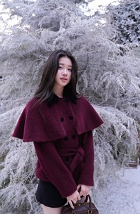 黑色羊毛短裤 25秋冬暗夜紫红羊毛斗篷系带大衣外套 JINGYI GUO