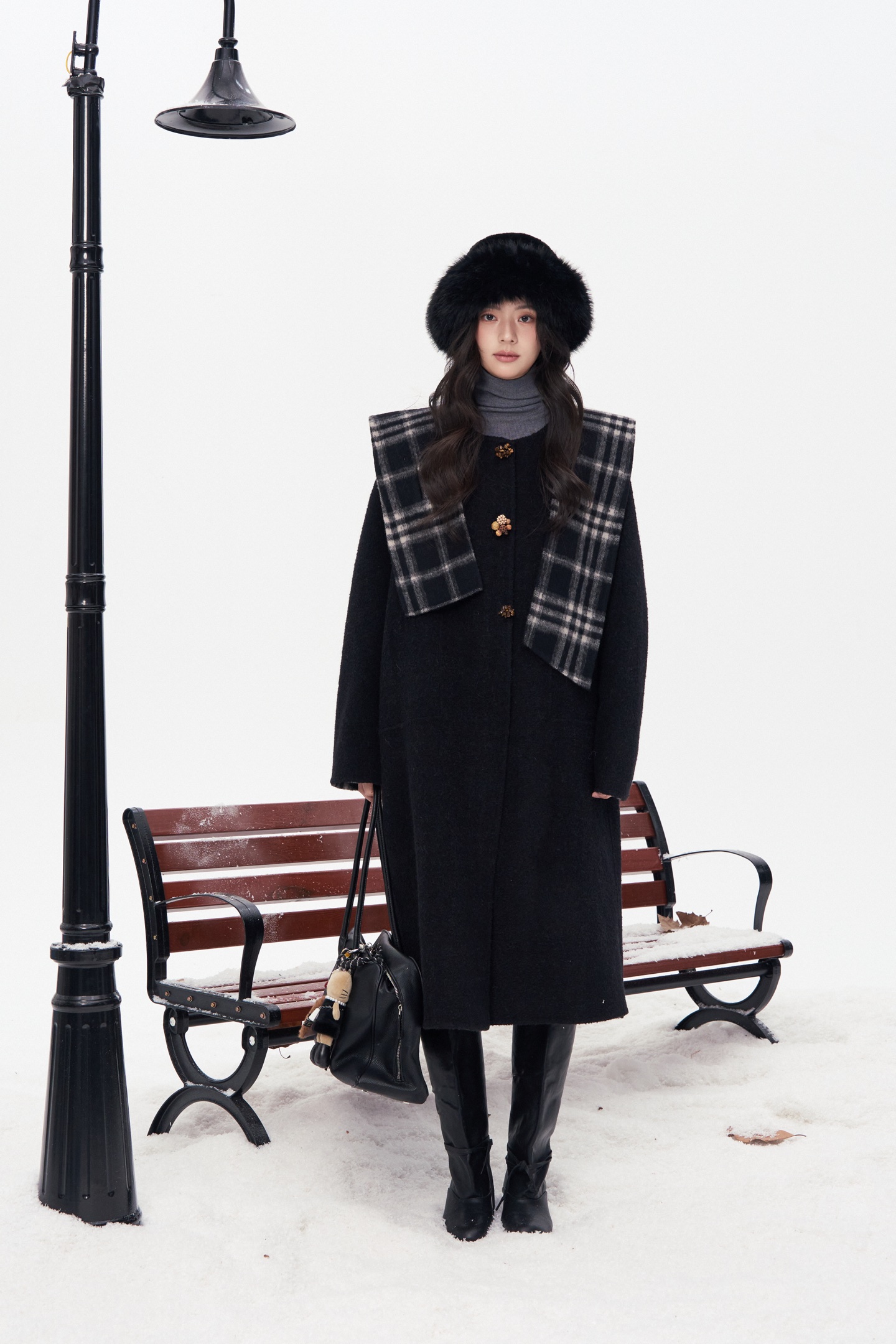 Aimme sparrow 26春夏黑色格纹立体花朵大衣时尚优雅