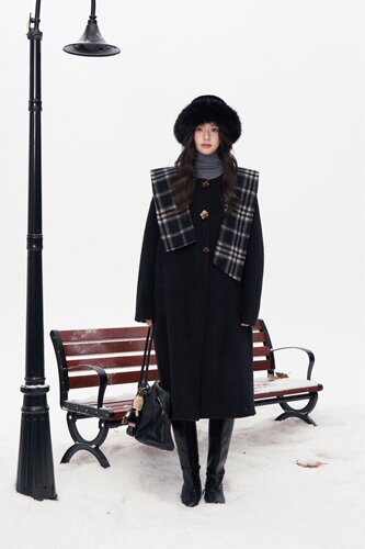 Aimme sparrow 26春夏黑色格纹立体花朵大衣时尚优雅