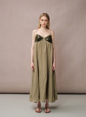 DIANA VEVINA25春夏绿色亚麻亮片拼接连衣裙时尚百搭宽松吊带女裙