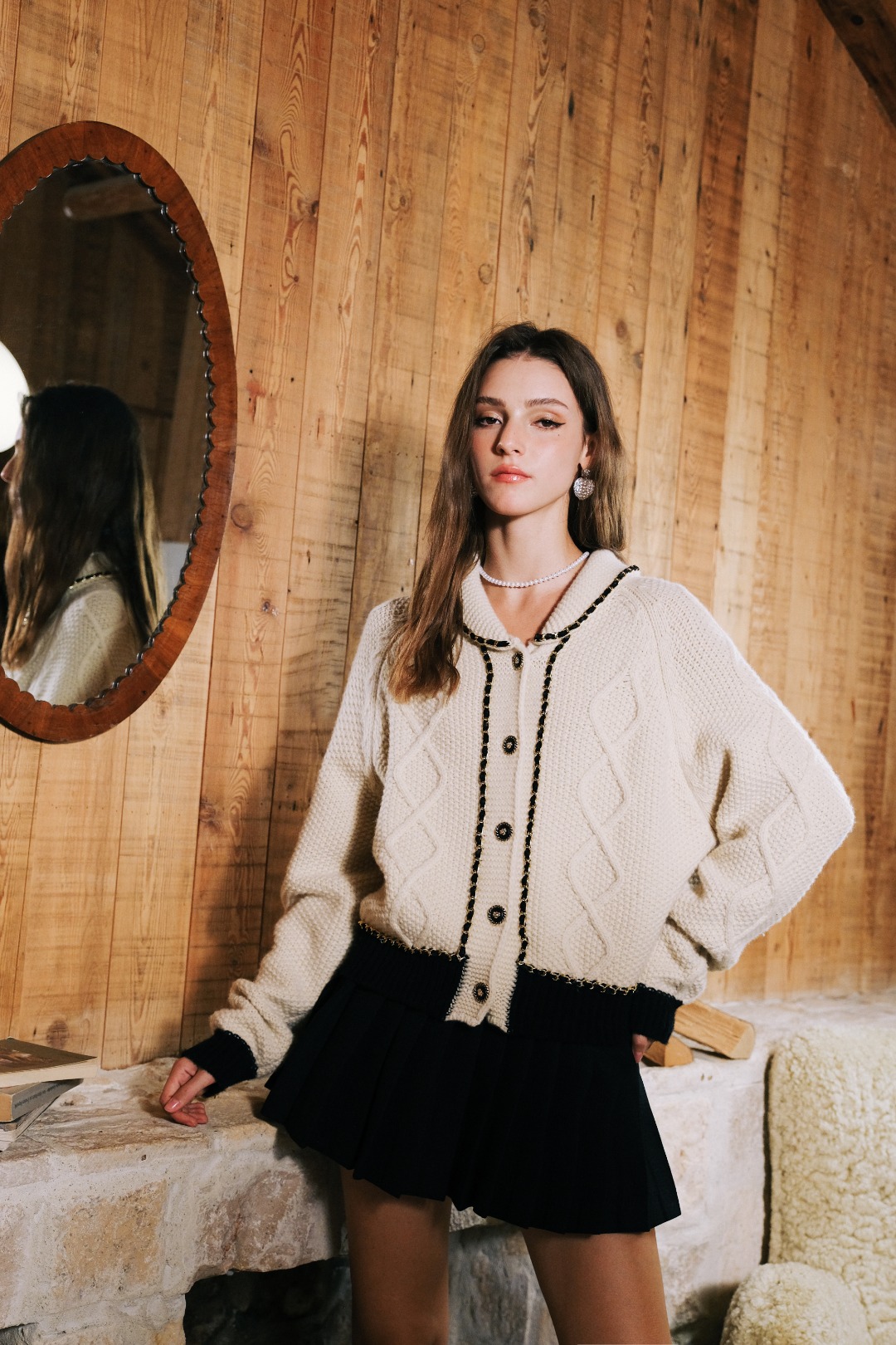 DIANA VEVINA24秋冬翻领拼色菱格针织毛衣时尚百搭针织开衫小香风