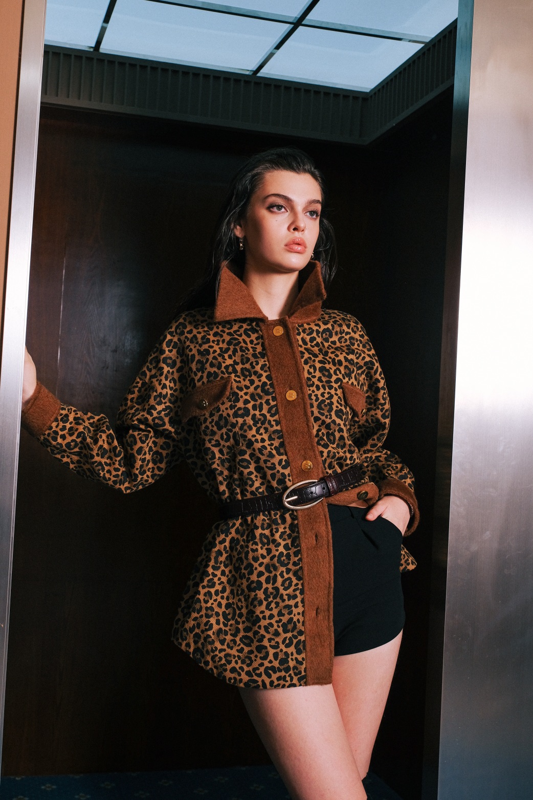 Aimme sparrow 25春夏拼接豹纹外套时尚通勤百搭休闲衬衫长袖上衣