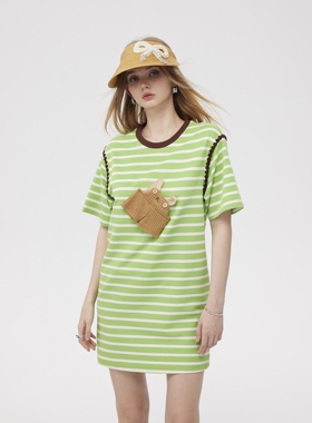 Aimme sparrow绿色条纹“A”字贴布连衣裙 时尚休闲短袖T恤长裙