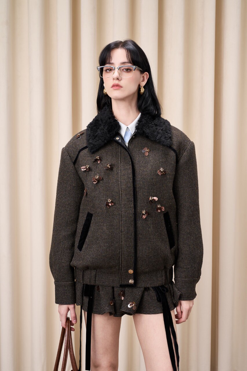 EIMISMOSOL 25秋冬千鸟格毛领夹棉外套短款亮片花绒带展裙