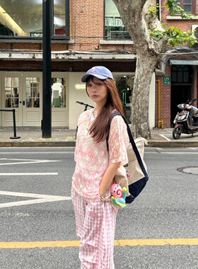 Andrea Martin26春夏新品粉系格纹蕾丝甜酷短袖罩衫时尚百搭潮流