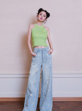 胡连馨 庄心妍同款Aimme sparrow绿色蝴蝶背心牛仔裤时尚潮流百搭
