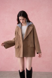 DIANA VEVINA25秋冬针织翻领连帽毛呢外套羊毛复古百搭廓形休闲