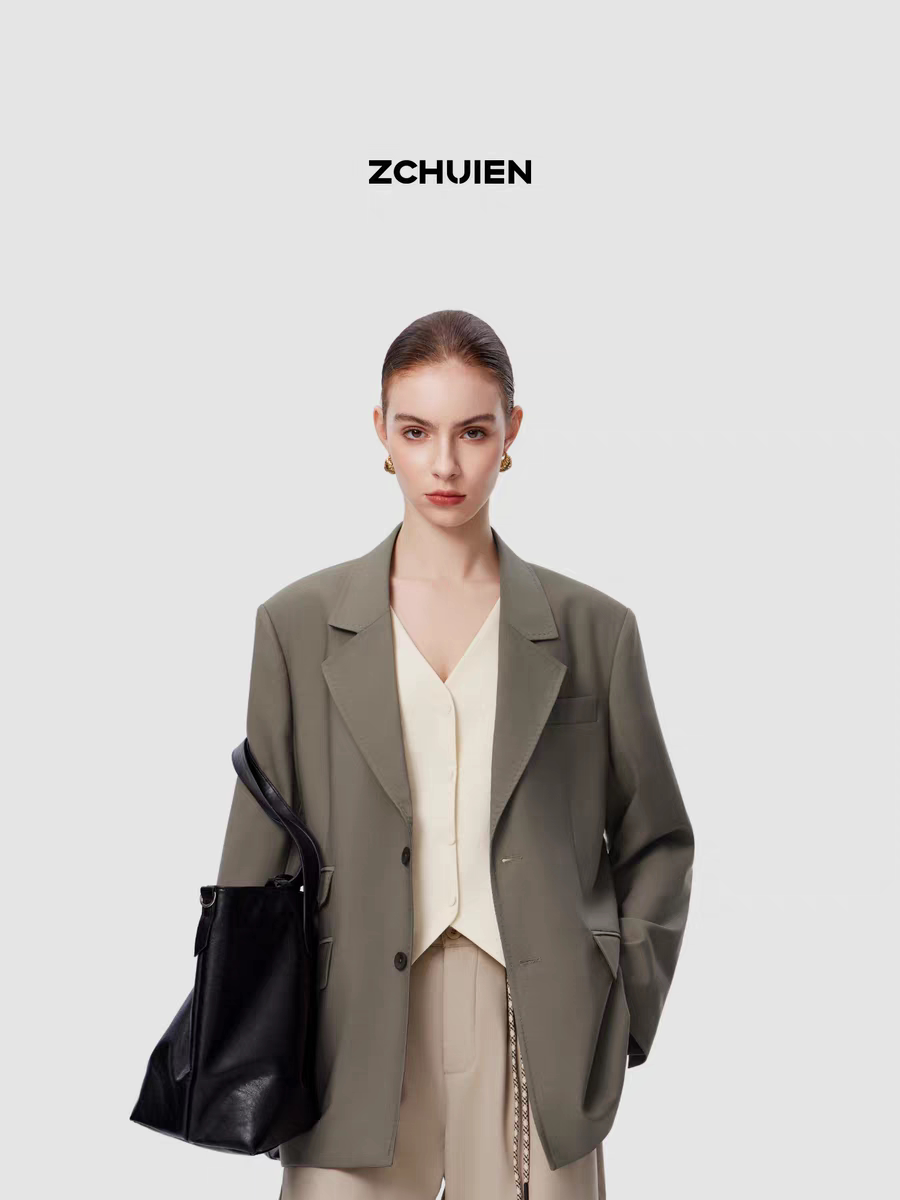ZCHUIEN西装长袖羊毛纯色女装深雾棕外套翻领通勤西服设计感