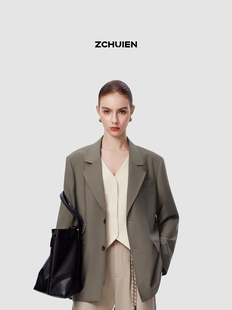 深雾棕外套翻领通勤西服设计感 羊毛纯色女装 ZCHUIEN西装 长袖