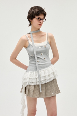 EIMISMOSOL26春夏假两件针织蕾丝荷叶边吊带上衣时尚百搭针织背心