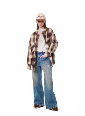 Andrea Martin25秋冬蓝色泼墨牛仔裤休闲直筒长裤水洗小众时尚