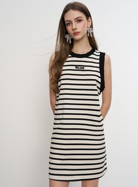 Aimme sparrow 25春夏条纹连衣裙黑白色圆领直筒长裙休闲无袖气质