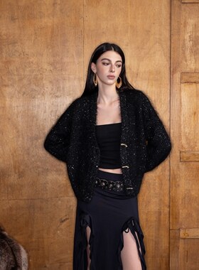 Aimme sparrow24秋冬黑色魔眼毛衣开衫时尚通勤百搭休闲针织衫