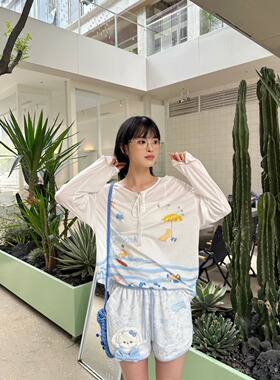 Andrea Martin  26春夏新品奶蓝晕染小熊蝴蝶结家居短裤时尚百搭
