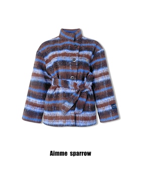 Aimme sparrow 26春夏蓝色纹格大衣时尚毛呢外套格纹保暖外套腰带