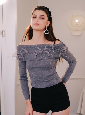 Aimme sparrow 25春夏一字肩羽毛毛衣黑色短裤时尚通勤百搭优雅