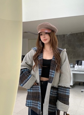 鞠婧祎同款Aimme sparrow 25秋冬正反两面穿流苏拼接帽衫外套