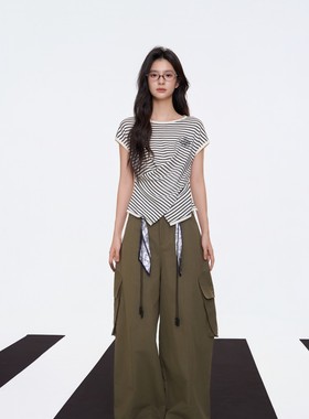 Aimme sparrow 25秋冬时髦不规则字母刺绣短袖T恤时尚潮流工装裤