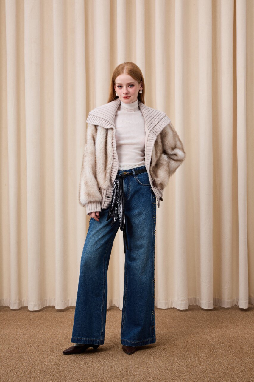 金属烫钻牛仔裤女宽松直筒长裤