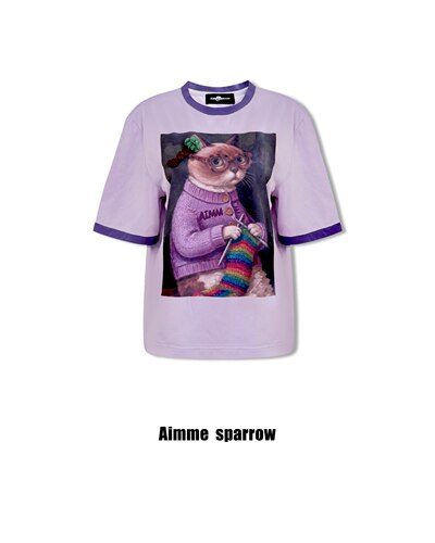 Aimme sparrow 25春夏紫色织毛衣猫时尚潮流百搭女上衣宽松休闲
