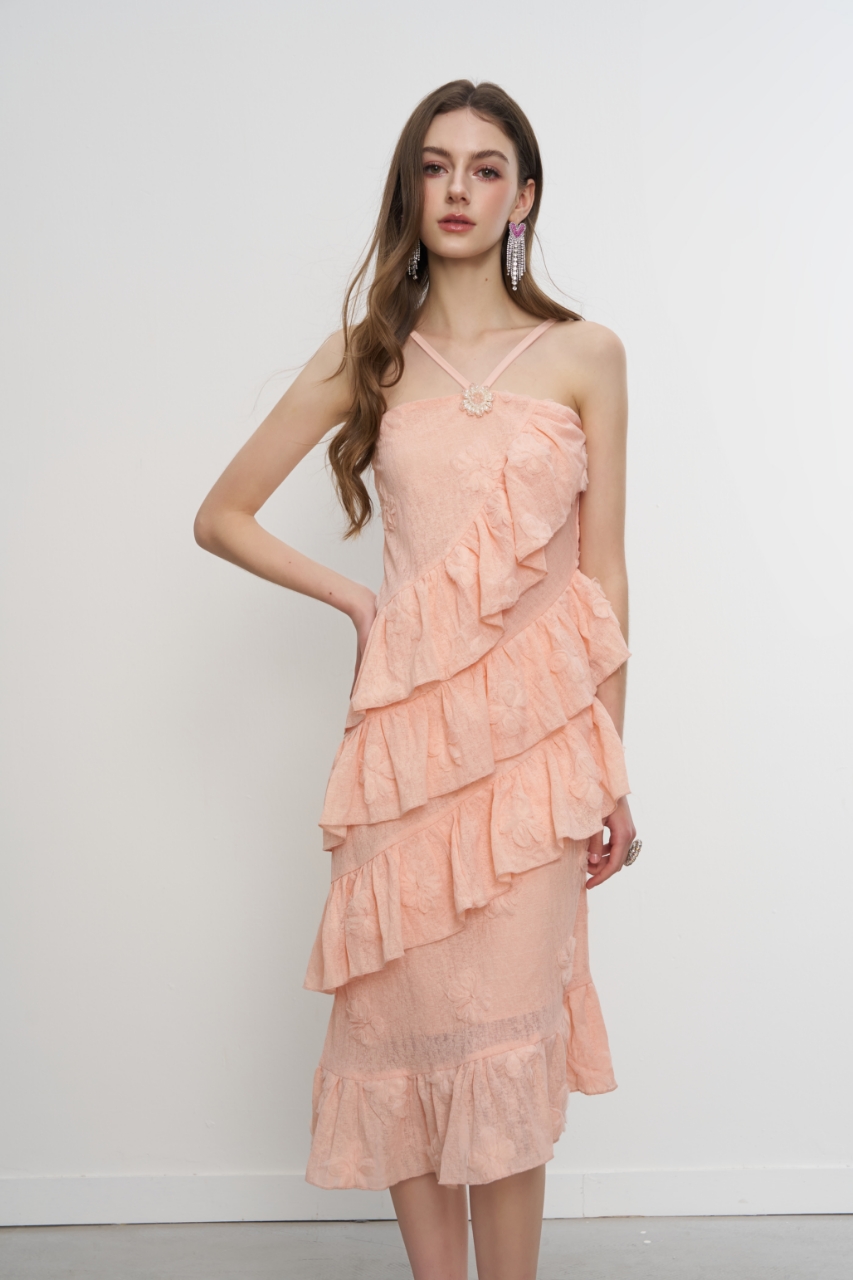 Aimme sparrow 25春夏粉色花朵荷叶边连衣裙时尚优雅气质女裙挂脖